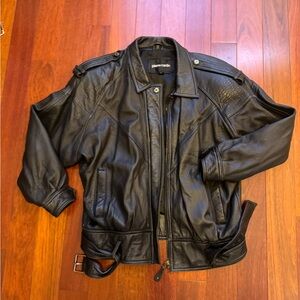 Pierre Cardin Black Leather Bomber Jacket with Epaulets